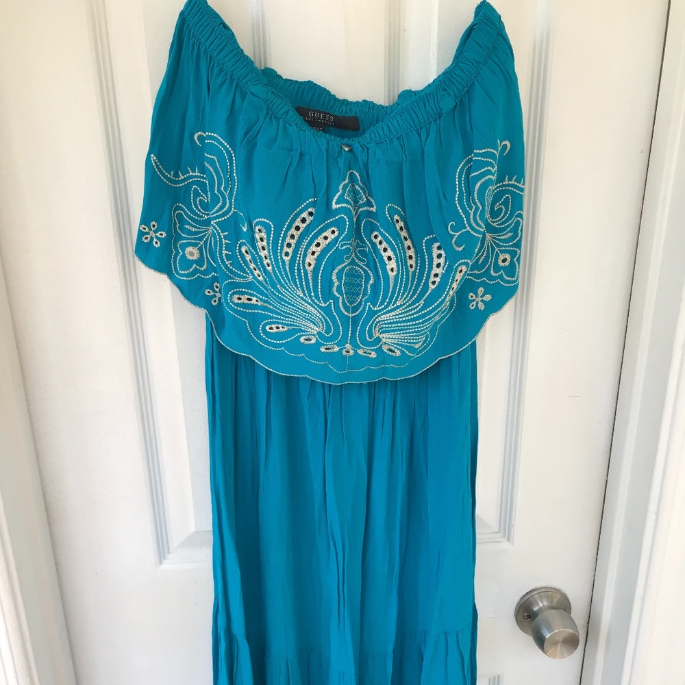 BNWOT Guess Turquoise Strapless Embroidered Dress